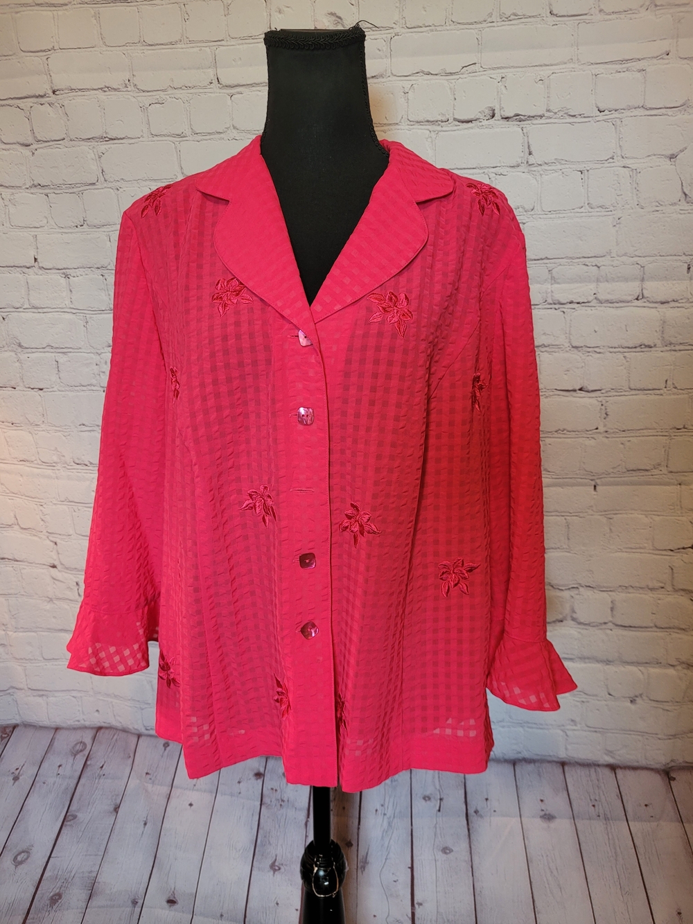 Deep Pink Size 16W Plaza Collection Embroidered Feminine Blouse Top